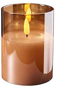 Högkvalitativt och ädelt LED-ljus i glas – timer – realistiskt flimrande – ny design (bärnsten, höjd: 10 cm – Ø 7,5 cm)