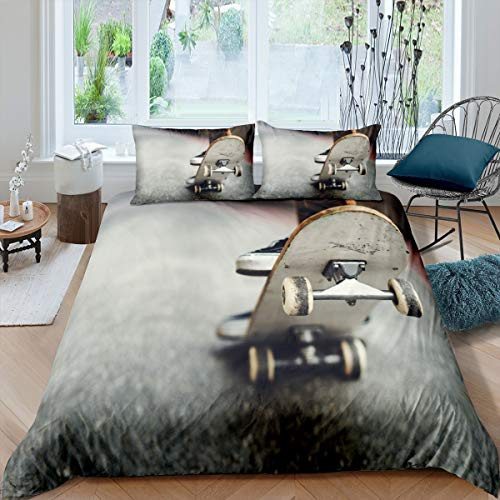 Skateboard Bedding Set Hipster Extreme Sports Duvet Cover for Kids Boys Girls Teens Youth Sports Theme Comforter Cover Ultra Soft Microfiber Decor 3Pcs Quilt Cover Double Size