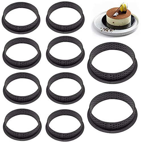 Annhao 10 Pezzi Anello Crostata Forato, Mousse Torta Rotonda Muffa Cottura Dessert Strumento di Decorazione Crostate Anelli Forati, Riutilizzabile Tondo da Plastica Perforato Cottura Accessori - Nero