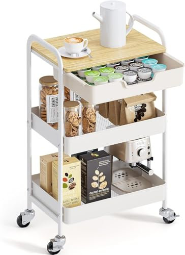 kingrack Desserte à roulettes avec Plateau en Bois, Chariot de Rangement à 3 Niveaux, Convient pour la Cuisine, la Salle de Bain, Le Salon, la Chambre, Marron