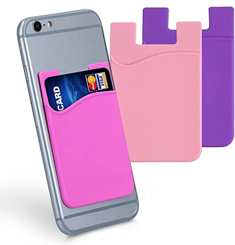 kwmobile 3X Tarjetero para móvil - Funda para Tarjetas de Silicona - Tarjetero para Pegar en la Parte Trasera - Rosado Suave/Rosa Fucsia/Violeta