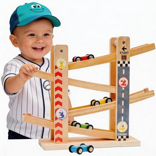 NUKied Kugelbahn Holz,Premium Holzspielzeug mit 4 Autos,Autorennbahn Holz Spielzeug für Jungen Geschenke Geburtstagsgeschenke,Rennbahn Lernspielzeug Geschenk für Kinder über 18 Monate