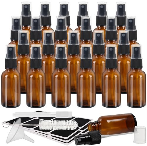 BELLE VOUS Flacon Spray Vide en Verre Ambré (Lot de 24) 30 ml - Avec Brosse de Nettoyage, Entonnoir, Étiquettes & Stylo - Kit Voyage Flacons Remplissable à Brume Fine pour Huiles et Aromathérapie