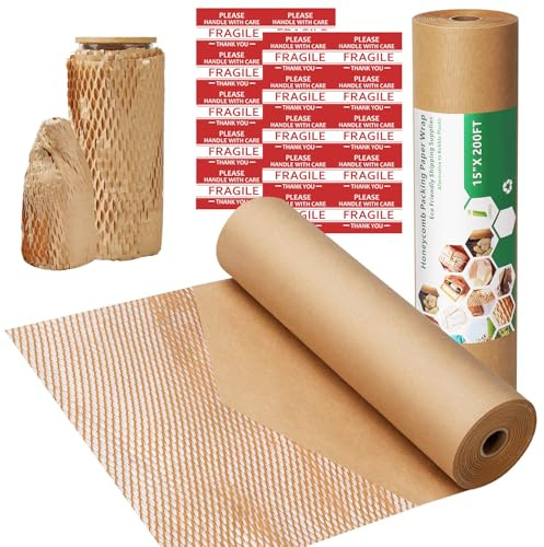 Honeycomb Packing Paper,15 x 200' Bubble Cushioning Wrap Roll for Moving Shipping Packaging Gifts, Recyclable Cushioning Paper Moving Packing Supplies Protective Roll with 20 Fragile Sticker Labels