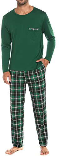 Sykooria Pyjamasset för män, skotskrutig, bomull, nattkläder, set, långärmad, pyjamasöverdel och full längd, pyjamasunderdel med fickor, 804 - Grön, S