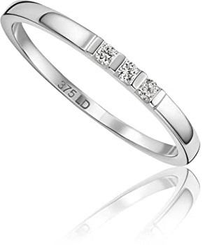 MIORE Lab Diamonds-Diamantes creados en Laboratorio: alianza anillo de compromiso en oro blanco de 9 kilates 375, engastado con 3 diamantes creados en laboratorio 0,05 quilates
