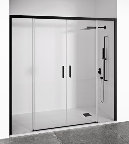 BELLOBATH - Paroi de Douche Frontale - 2 Portes Coulissantes + 2 Fixes sans Profilé Bas - Verre Trempé 6 mm Anticalcaire - EIRE - Profilés Noir Mat - Largeur 155-160 cm - Hauteur 195 cm