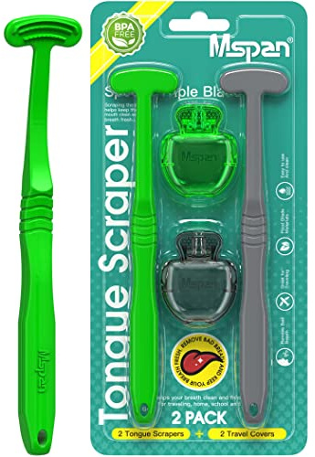 Mspan Tongue Scraper for Adults & Kids: Tongue Cleaner Brush Dental Clean Care Kit with Plastic Travel Case Cover - Oral Hygiene Fresh Breath Green Grey 2 Pack