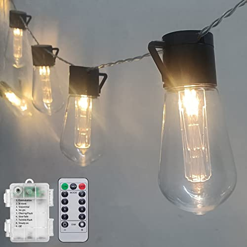 Cadena de luces LED S14 para exteriores de 6.7 pies, 10 luces LED Edison con temporizador remoto, funciona con pilas, impermeable, para patio, porche, terraza, camping, jardín, patio, balcón