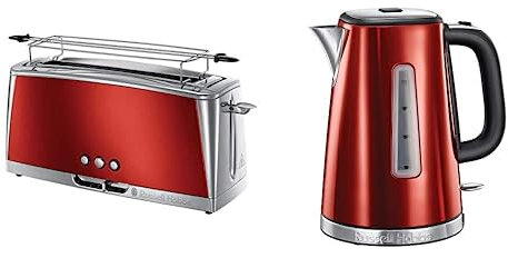 Russell Hobbs Tostadora Luna Red 1 Ranura Larga para 2 Rebanadas, Acero Inoxidable Rojo 23250-56 +Hervidor de Agua Eléctrico Luna Red 1,7 litros 23210-70 + Cafetera de Goteo Luna Red 12 Tazas 23240-56