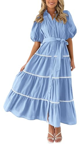 PRETTYGARDEN Women's Summer Button Down Shirt Dress Short Puffy Sleeve Tiered Ruffle Flowy Long Maxi Dresses (Light Blue,Small)