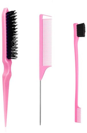 ZEVONDA 3 Stück Sleek Bun Bürste Set - Spitzschwanzkamm Borstenbürste Eine Doppelseitige Haarkantenbürste Kämmen Stylen Färben von Haaren Haarbürste Set für Frauen Kinder und Friseure - Rosa