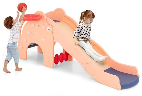 GOPLUS 3 in 1 Kinder Rutsche, Spielzeugrutsche mit Sicherheitsgeländer & verlängerter Pufferzone, multifunktionales Kinderspielzeug zum Schießen, Klettern & Rutschen, für Kinder ab 18 Monaten(Rosa)