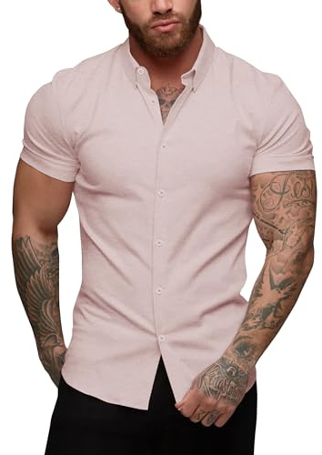 URRU Chemise décontractée à Manches Courtes pour Homme, Coupe ajustée, Extensible, boutonnée