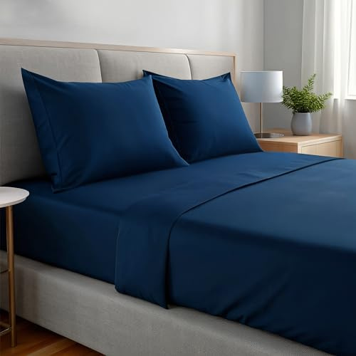 gobedreams Juego de Sábanas 4 Piezas 135x190/200. Sábanas de Cama de Poliéster Microfibra cepillada. Sábana Plana, Sabana Bajera Ajustable y 2 Fundas de Almohada. Color Azul Marino