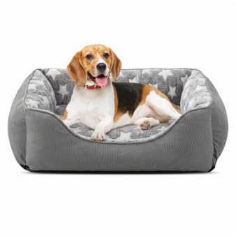 FURTIME Hundsäng medelstora hundar, hundkorg, tvättbar hundkorg, halkfri, hundsängar, fluffig hundmadrass med upphöjda kanter, mjuk, hundsoffa för hundar, katter, grå/stjärnor, 63 x 53 x 20 cm