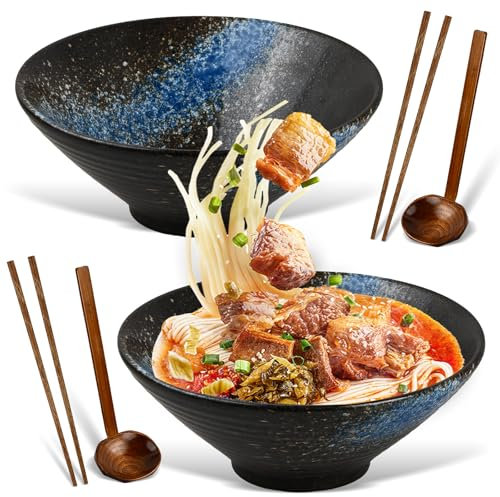 Mapille 2 Juegos Tazón de Ramen Japonés, 2 x 1000ml Ramen Bowl De Cerámica con Palillos y Cuchara, Ensaladeras, Tazones de Sopa de Fideos para Ensalada Frutas, Verduras, Fideos, cereales, sopa (A)