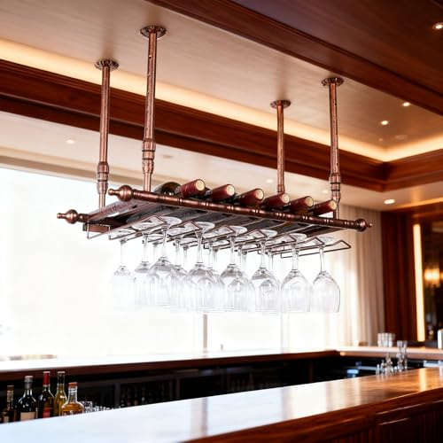 Dernoing Soportes para Copas y Botelleros Colgante de Metal, Altura Ajustable Porta Bottiglie da Vino, Cuelga Copas con Invertido Tallo para Barra Bar/Club/Armarios para Vino (BR, 80x30x(30-60) cm)