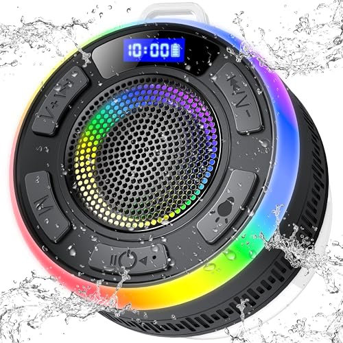 Cassa Bluetooth Doccia, Altoparlante Bluetooth IP7 Impermeabile con Ventosa, 360°Associazione Stereo Cassa Bluetooth Potente da Doccia con Luce LED Colorate, 8H Chiamata Senza Mani per Viaggi Doccia