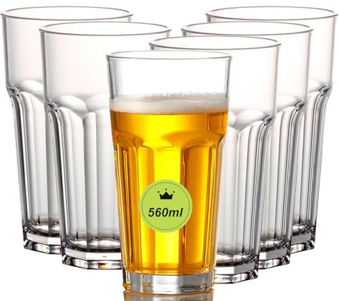 AXIM Juego de 6 vasos de cerveza de plástico transparente irrompible, vasos clásicos hechos para bebidas frías, vasos de cóctel altos de base pesada para uso diario (560 ml, 6 piezas)
