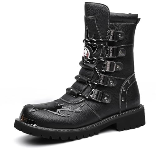 HOUDBDOL Men S Black Genuine Leather Combat Boots Gothic Skull Style Punk Style Motorcycle Boots Thin Strap High Top Combat Boots Suitable For Cycling Parties And Outdoor Activities (black,8.5)