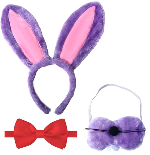Maazusa Lot de 3 accessoires de costume de lapin avec oreilles de lapin, serre-tête, nez, nœud papillon, costume animal amusant pour adulte, pour carnaval, fête à thème, cosplay, anniversaire (3