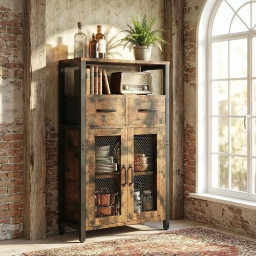 Feonase Rustic Brown Sideboard Storage Cabinet with 2 Fabric Drawers & Adjustable Shelf, Buffet Table with Wire Mesh Doors for Living Room, Kitchen, Bedroom, Bathroom, 60x30x106cm