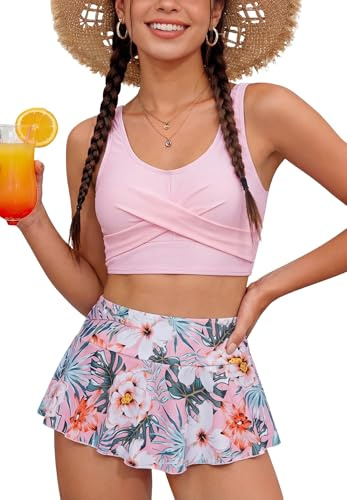 Set de bikini para adolescentes SEAUR, traje de baño de dos piezas acolchado con braguita con falda, estampado, moda en trajes de baño para niñas de 9 a 16 años, Rosa., 15-16 años