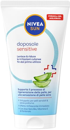 NIVEA SUN Doposole Sensitive 150 ml, Dopo sole in gel idratante, lenitivo e rinfrescante, Aftersun con Aloe Vera Bio, Vitamina E e Pantenolo, Assorbimento rapido, Senza profumo, Per pelli sensibili
