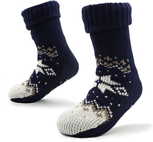 CityComfort Mens Slippers Socks, Warm Fluffy Non Slip Socks, Gifts For Men (Navy/White)