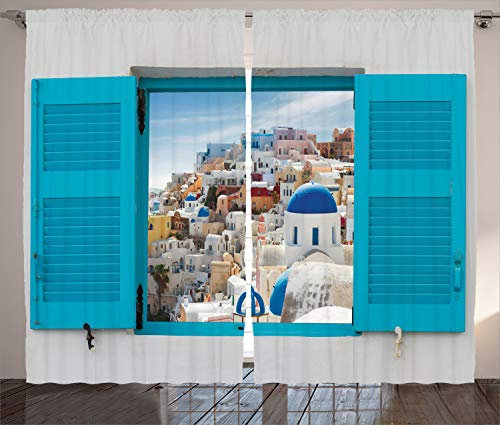 ABAKUHAUS Griechenland Rustikaler Vorhang, Fenster alte Fensterläden, Wohnzimmer Universalband Gardinen mit Schlaufen und Haken, 280 x 175 cm, Mehrfarbig