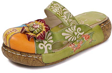BININBOX Sandales Cuir Femmes, Chaussures Ville Été Sabots Mules Compensées à Talons Compensés Plateforme Plates Motifs Fleurs Bohème Clogs Pantoufles (39 EU (245mm), Vert)