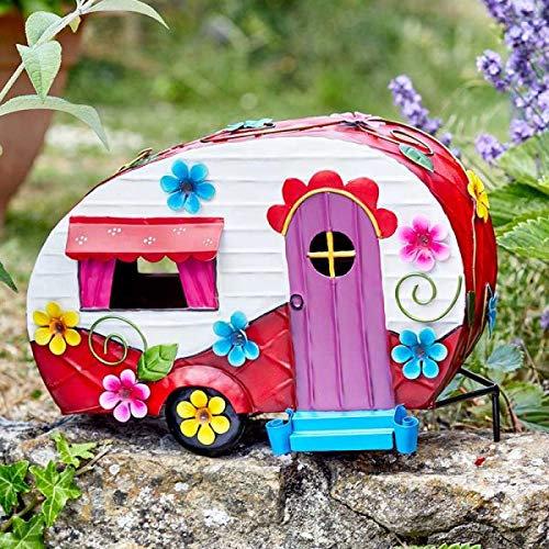 Garden Mile Flower Power Fairy Houses For The Garden Caravan Garden Ornaments Outdoor Metal Hand Painted Decorations For Patio Flowerbeds Yard Indoor And Outdoor Ornaments For The Home