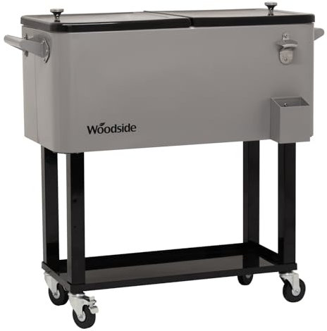 Woodside 76L Rolling House Party/BBQ Drinks Cooler, Moveable Cool Box Ice Bucket Cart, Bottle Opener & Drainage Hole Included