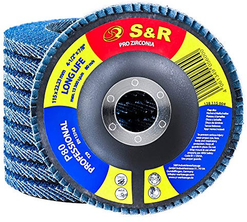 S&R Fächerschleifscheiben Set 10 St., 115 x 22,23 mm, Profi Qualität, Fächerscheiben, T29, Lamellenschleifer Satz für Stahl, Edelstahl, Körnung P80