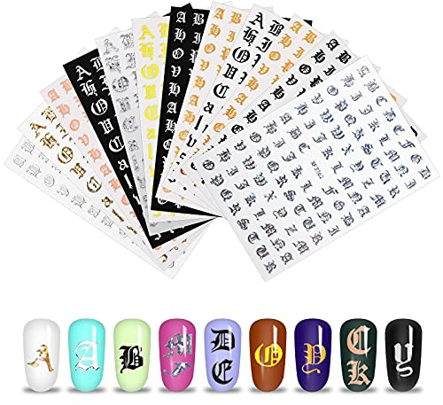 MWOOT 12 Hojas 3D Letras Alfabeto Holográficas Pegatinas para Uñas,Autoadhesivas Nail Art Stickers Calcomanías,Uñas Etiquetas Engomadas para Decoración de DIY Manicura