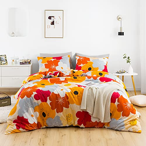 SUSYBAO Orange Flower Duvet Cover King 100% Cotton Burnt Orange Floral Duvet Cover Set 3 Piece 1 Colorful Botanical Duvet Cover with Zipper Ties 2 Pillowcases Luxury Soft Orange Bedding Set Breathable