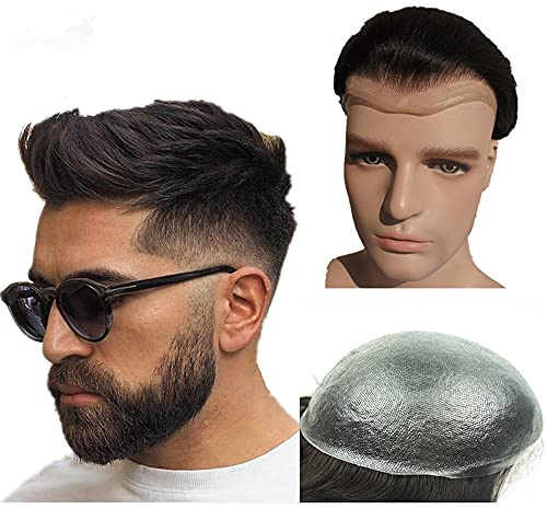 N.L.W. Parrucca Uomo PU Toupet Pezzi di Capelli Umani Europei per Gli Uomini Sostituzione dei Capelli Sistema 8×10 Pollici Parrucche 0,06 Centimetri di Spessore Uomini Parrucca Nero corvino