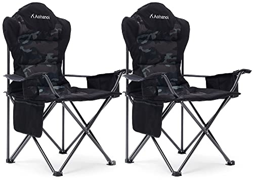 Aohanoi Camping Chairs, Outdoor Folding Chairs 2 Pack for Heavy People, Folding Chairs for Outside, Camp Chairs with Cup Holder & Cooler Bag, Supports up to 300lbs (2 Pcs, Camo)