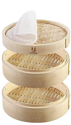 Cestino per vapore in bambù fatto a mano, con fodere in cotone riutilizzabili, multiuso, tradizionale gnocco a vapore per cucinare verdure, dim sum, panini bao, carne di pesce (15,2 cm - 2 livelli)