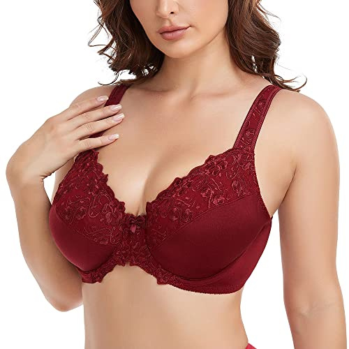 Ayigedu Women's Full Coverage Plus Size Minimizer Bra Floral Lace Non-Padded Underwire Everyday Bra Wine Red