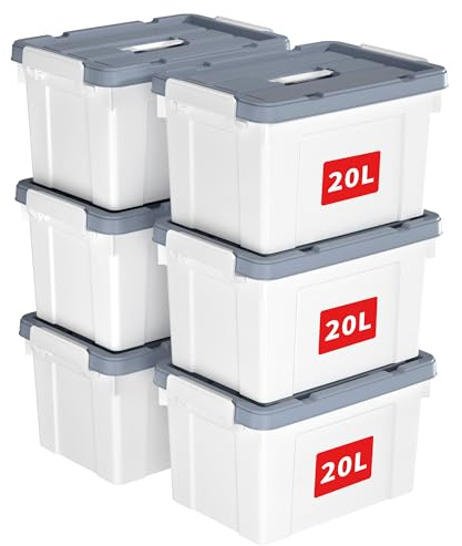 Cetomo 20L*6 Caja de Almacenamiento con Asa, Caja de Plástico con Tapa y Cierre Seguro, Contenedor de Almacenamiento, Duradera, Apilable, Resistentes, Blanco, Paquete de 6 de 20L