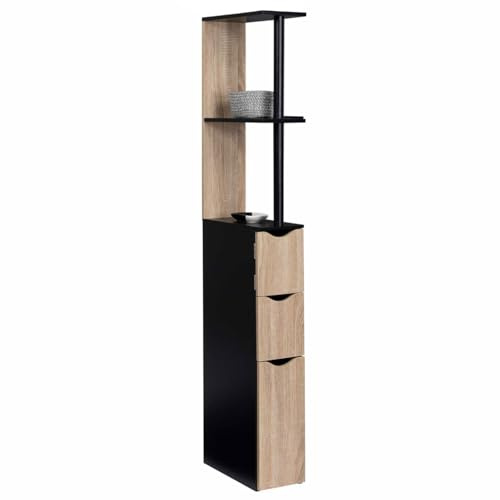IDMarket - Meuble WC étagère Willy Bois 3 Portes Noir et hêtre