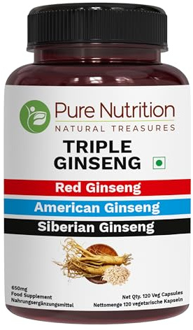 Pure Nutrition Triple Ginseng 650mg | 120 Caps | Supplememtfor Men and Women | Highly effective combination of Red, American and Siberian Ginseng. NON GMO
