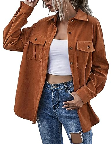 EMUKFD Camicia da donna in velluto a coste a maniche lunghe oversize con bottoni camicette top giacca casual oversize shacket button down fidanzato camicie con scollo a V in cotone a maniche lunghe