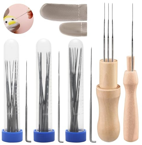 30 Pièces Aiguilles à Feutrer, avec 3 Tailles Feutre Aiguille 2 Poignées en Bois et Protège-Doigts, D'aiguilles en Feutre pour Débutant