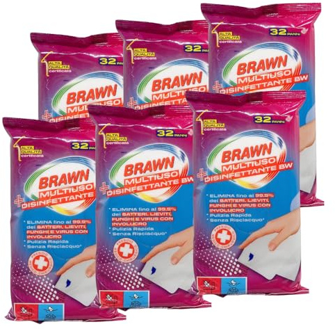 Brawn Panni Multiuso Disinfettante, Elimina Fino Al 99.9% Dei Batteri, Lieviti, Funghi e Virus Con Involucro. Per Una Pulizia Rapida, Senza Risciacquo (Confezione da 32 Panni) (6 Confezioni)