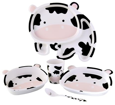 Tablett und Teller für Babys und Kleinkinder in Tierform - Kindergeschirr-Set - Pack mit 3 Tellern + Becher und Besteck (Kuh)