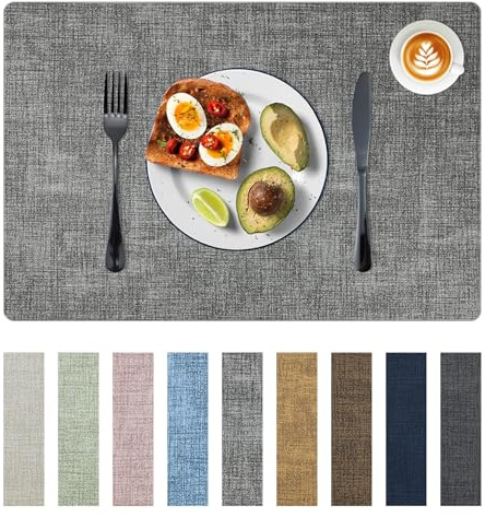 Bazasa Placemats Set of 6 Faux Leather Heat Resistant Tables Mats Waterproof Oilproof Wipeable Reversible Anti-Slip Place Mats for Kitchen/Dining/Party/Outdoor 11.8 x 16.9, Light Gray