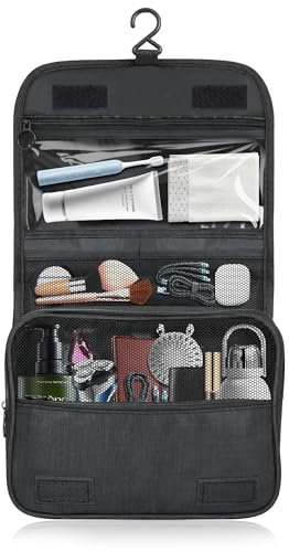 Kulturtasche zum Aufhängen für Badezimmer, Reise Kulturtasche für Damen und Herren, Kosmetiktasche mit Mehrere Fächer und Netztaschen, Großer Stauraum Waschtasche für Reisen und Fitness, Schwarz